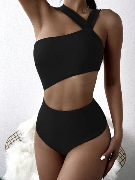 Frauen Badebekleidung sexy ein Stück Badeanzug 2024 Frauen Einheitliche schwarze Schulter hohl aus BodySuit Push Up Beach Badeanzug hoher Taille