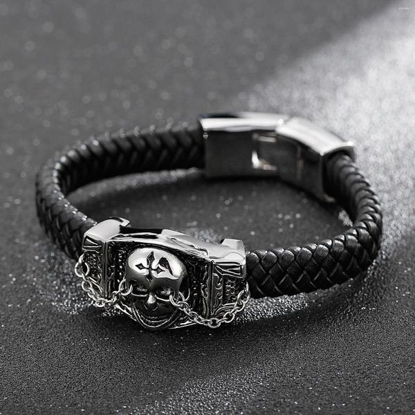 Braccialetti di fascino Haoyi Gothic in acciaio inossidabile Bracciale maschile maschile in pelle nera Punk Skull Gioielli regalo