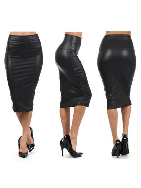 Cuhakci Back Split Frauen sexy Rock Schwarz Bodycon Clubwear High Taille PU Leder Vintage Lange Bleistiftröcke 240420