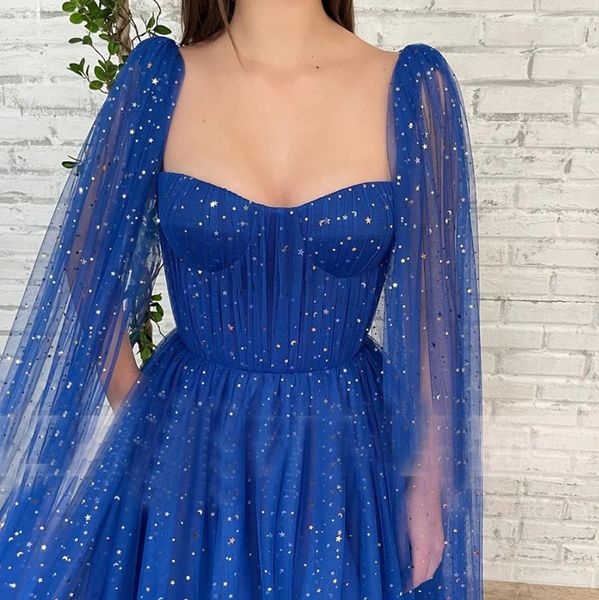 Shinny Tulle Abendkleid Königliche blaue elegante Schatz A-Line Prom Kleid Frauen Party Nachtkleid mit Umhang Robe de Soiree