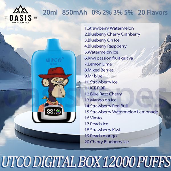 100% оригинальная UTCO Digital Box 12000 Ondosable Enosable Electronic Cigarette 850MAH Актуальная батарея 20 вкуса 0% 2% 3% 5% 20 мл Pod 12K Puffs Ondayable Vape Pen