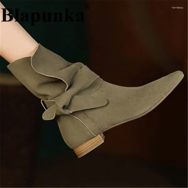 Botas Blapunka Women Cow Suede Couro de Caminho Handmade de Alta Qualidade Exército Verde Curto com Sapas de Cracete de Correia Autumn inverno