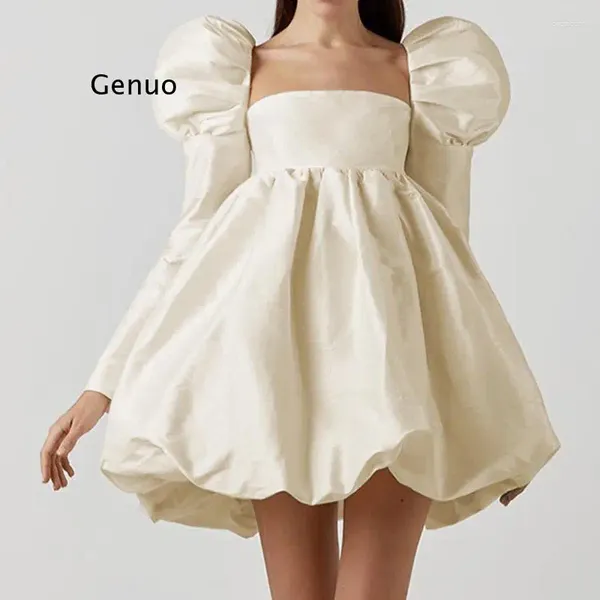 Vestidos casuais Solid Spring Mini Dress Sleeve Slave Square Pesh Neck