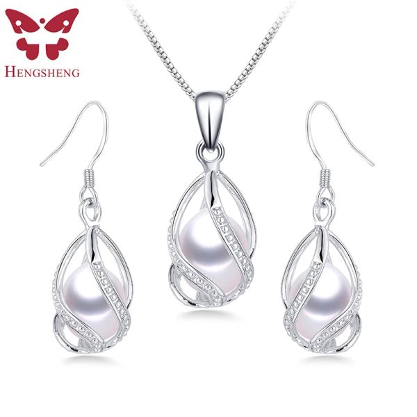 Set al 100% set di gioielli di perle d'acqua dolce per donne alla moda 925 orecchini in argento sterling+gioielleria per matrimoni a sospensione con scatola