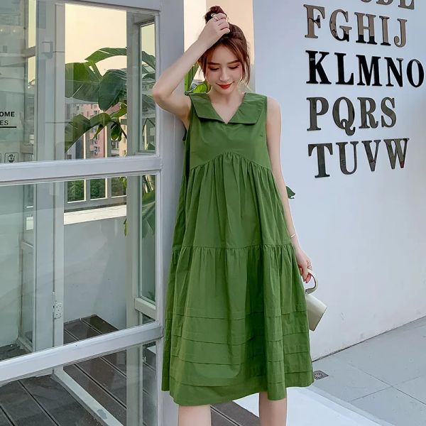 Vestidos 2022 Novo vestido de maternidade Vestido de verão novo sem mangas mulheres chiques moda coreana solta grande comprimento médio vestido de maternidade verde