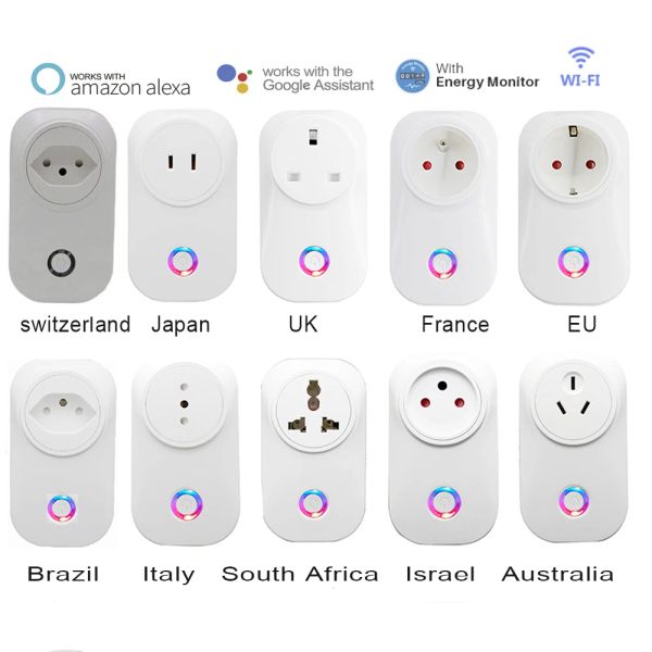 Plugs Smart Life WiFi Smart Socket Plug EU UK AU BR FR JP ISRAEL ITA SWIT Plug 10A/16A controle remoto Alexa Google Monitor de energia doméstica