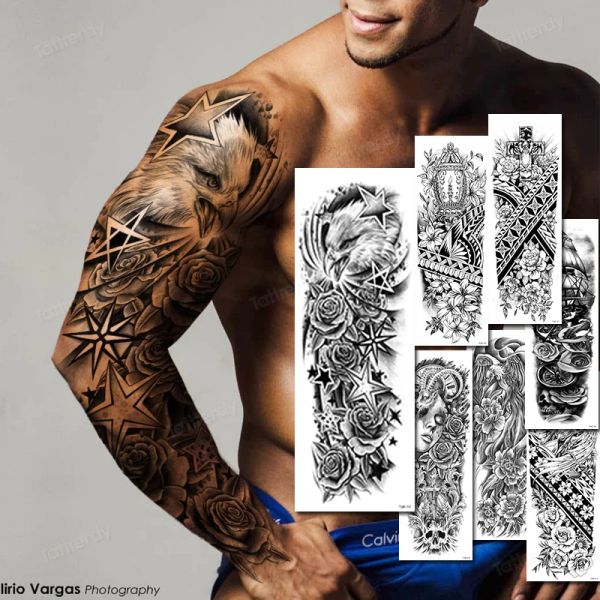 Tattoos wasserdichte temporäre Tattoo Aufkleber Big Totem Tiger Lion Wolf Rose Arm Tattoo Mann Frau Tattoo Bein Körperkunst falsche Tattoo Tatuajes
