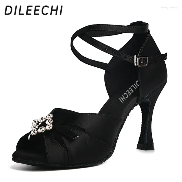 Sapatos de dança Dileechi Latina Latina Preta Cetina Big Rhinestones Mulheres Patry Salsa Sala quadrada Dança salto de 8,5 cm de sola suave