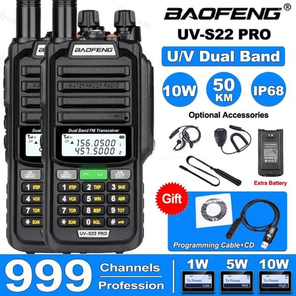 Walkie talkie 2024 2pcs baofeng uv-s22 pro v2 impermeabile ip68 50 km a lungo raggio 10w potenza cb ham uhf vhf essere migliore di uv9r plus