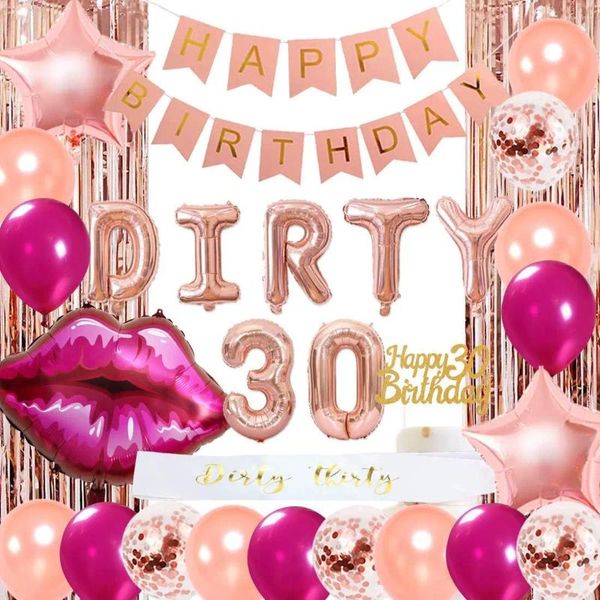 Decoração de festa Sursurprise Decorações de 30º aniversário para mulheres Número de ouro rosa Número 30 Lips Foil Balloons Banner Curtain Suppli