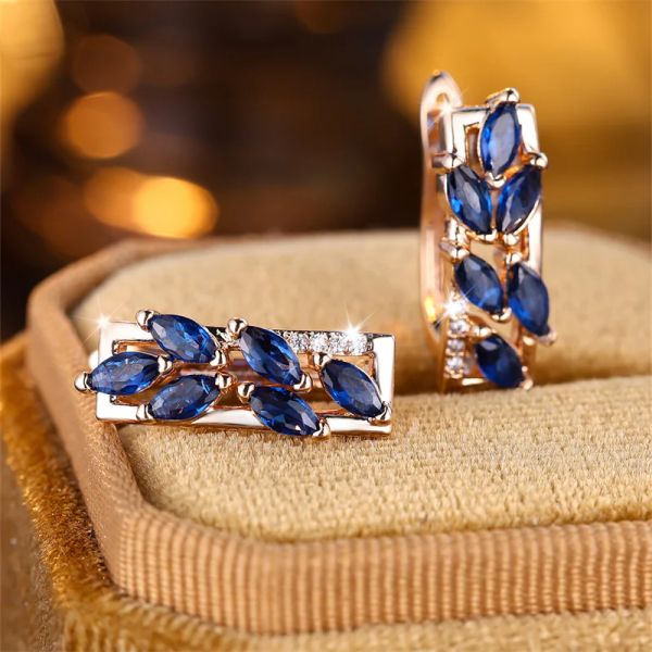 Clipes de marquise Corte a azul royal de pedra de pedra olho de folha Brincos para feminino para mulheres Champagne Gold Color Vintage Zircon Ear Buckle Jewelry Gift