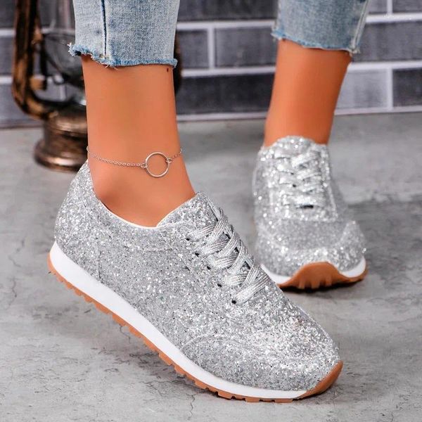 Scarpe casual Lace-up PU Sneaker vulcanizzate Solid Bling Ladies in vendita 2024 marca piatto con piede di punta di punta/autunno femminile