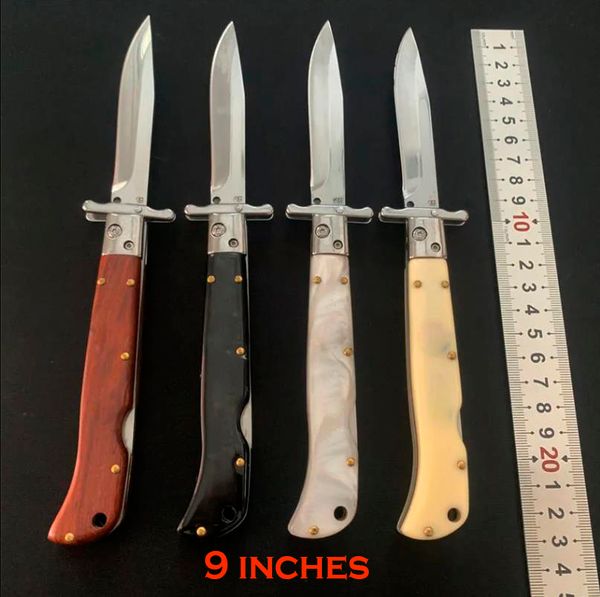 Faca dobrável automática de 9 polegadas 440c Blade de aço Alec Horn/madeira/madeira/acrílico Camping Camping Tactical Outdoor Autodefesa EDC Pocket Auto Knives 9400 9070