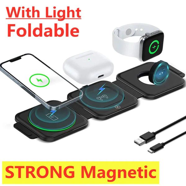 Carregadores 3 em 1 Magnetic Wireless Charger Pad Phone Chargers Stand para iPhone 14 13 12 AirPods Apple Watch 15W Estação de dock de carregamento rápido