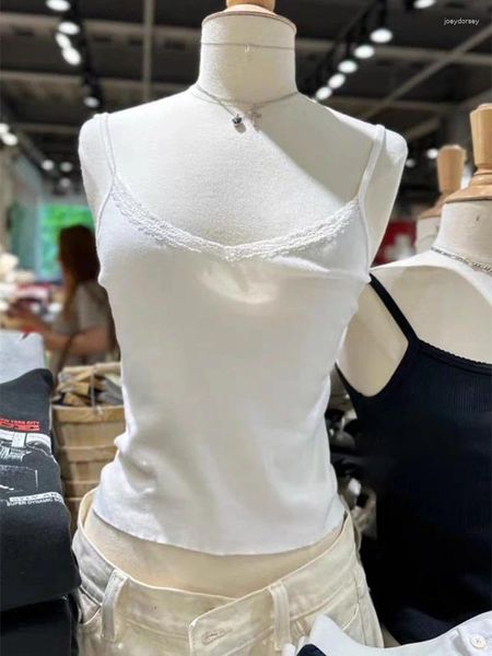 Serbatoi da donna Fliti in pizzo bianco Top corto dolce Slim Crop Donne Summer Cotton Morft V Neck Sleeveless Y2K Camis Preppy Style Tops di base