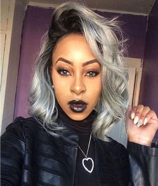 Brasilien 1Btgrey Bob Full Spitze menschliches Haar Perücken wellen silbergrau glühlos vordere Spitzenperücken mit gebleichten Knoten Ombre Grey Bob Wig3910087