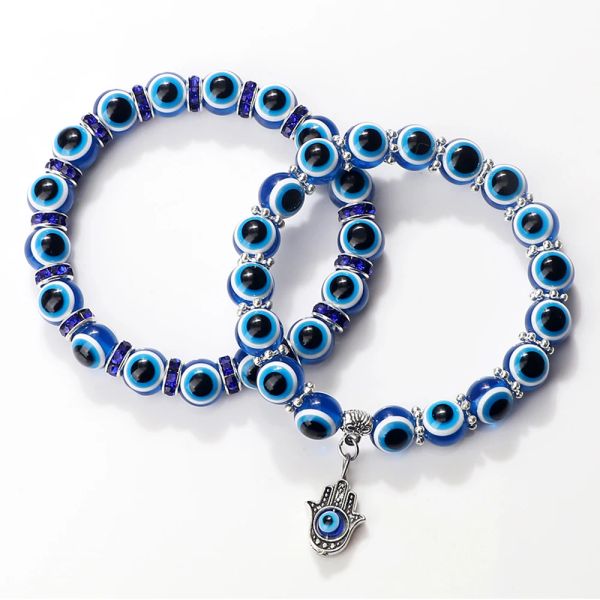 Stränge 10mm Glück blaues Böses Eye Armband Palm Schmetterling Eule Elefant Anhänger Charm Kristallharz Perlen Armbänder für Frauen Männer Schmuck Schmuck