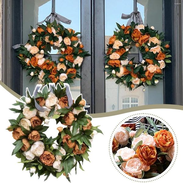 Flores decorativas Spring Peony Wreath Simulation Flower Indoor Christmas Memorial Day Greats para anel de espuma da porta da frente