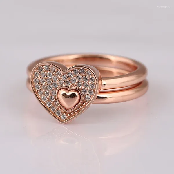 Rings de cluster Genuíno 925 Sterling Prata Rosa rosa em forma de coração Pilha de anel de quebra-cabeça compatível com jóias européias