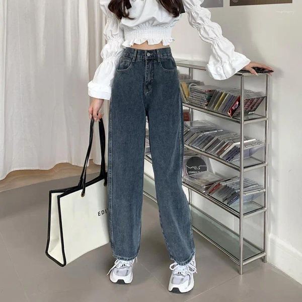 Frauen Jeans XPQBB Blue Grey Womens Korean Style High Taille Straight Baggy Denim Hosen Ladies Vintage Loose Wide Leg Hosen 2024