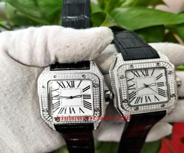 Neue Version Thin Case Watches Männer ETA 2813 Bewegung Weißes Zifferblatt Full Diamond Lederbandbänder Automatische Herren Uhr Uhren3404321