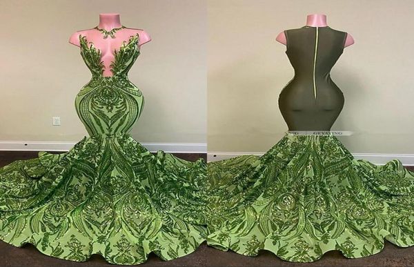 Vestidos de baile de renda de renda de laca brilhante verde 2022 Sexy See através de Mulheres Africanas de Mulheres negras sem mangas vestidos de gala da noite