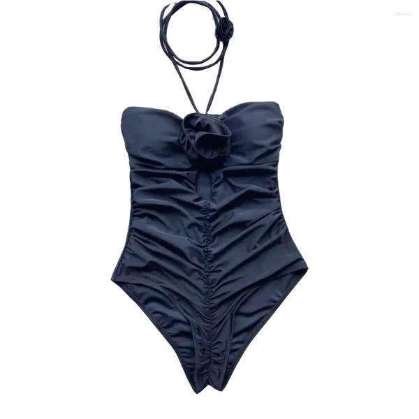 Moda de banho feminina Flor sexy Halter preto enrugada One peça Mulheres de maiô Hollow Out Bathing Suiting High Cut Bodysuit Swim 2024