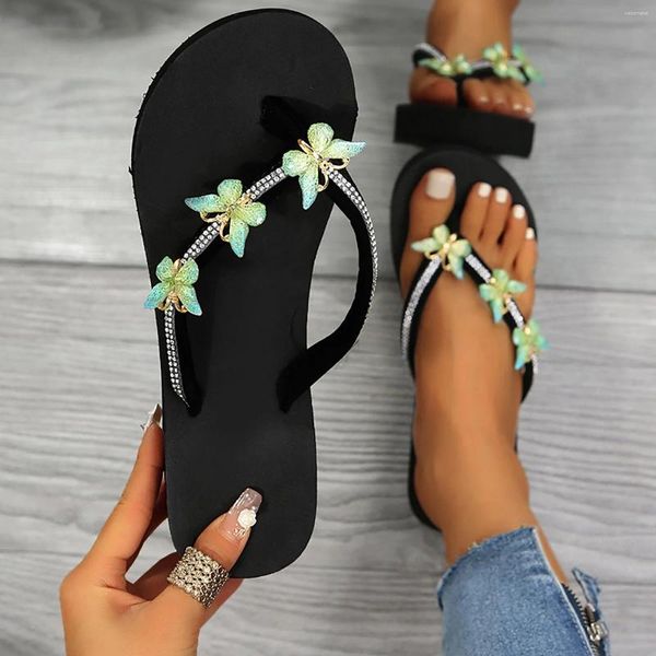 Terlik bayanlar moda yaz flip floplar rahat rhinestone kelebek sandalet kadınlar plaj tatil kristal kaymaz platform
