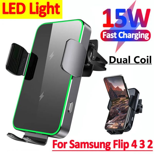 Ladegeräte 15W Dual Coil Wireless Auto Ladegerät für Samsung Galaxy Z Flip 5 4 3 S22 iPhone Auto Clamp Fast Car Lading Phone Mount Halter