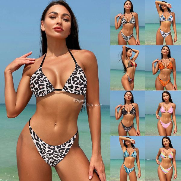 2024 Neues Frauen -Leoparden -Druck fragmentierter Blume Sexy Dreipunkt Rücken Bikini Bikini