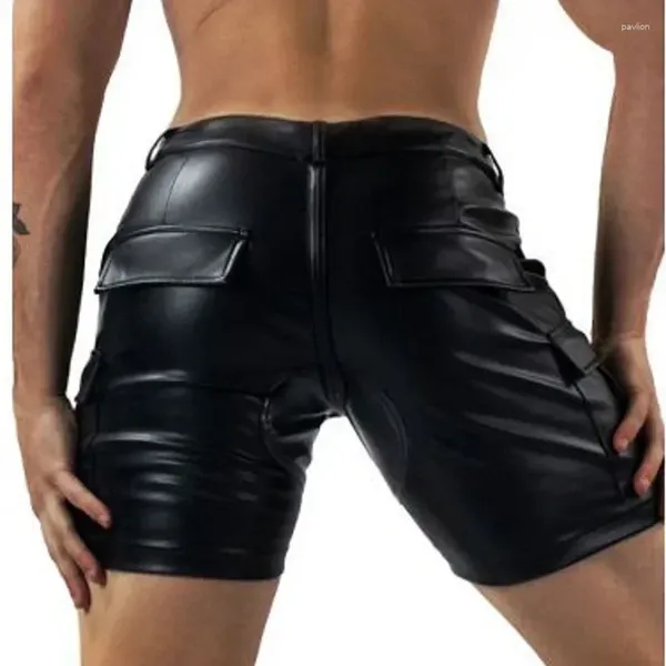 Herren Shorts Exotic Reißverschluss offener schwarzer mattes Leder Mann sexy Low Taille PU Kurz mit Taschen Nachtclub Party Clubwear Custom