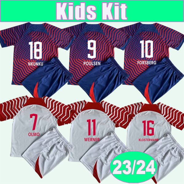 2023 24 Leipzig Szoboszlai Poulsen Kids Kit Soccer Jerseys Special Edition Forsberg Haidara Olmo Laimer Klostermann Home Away Det