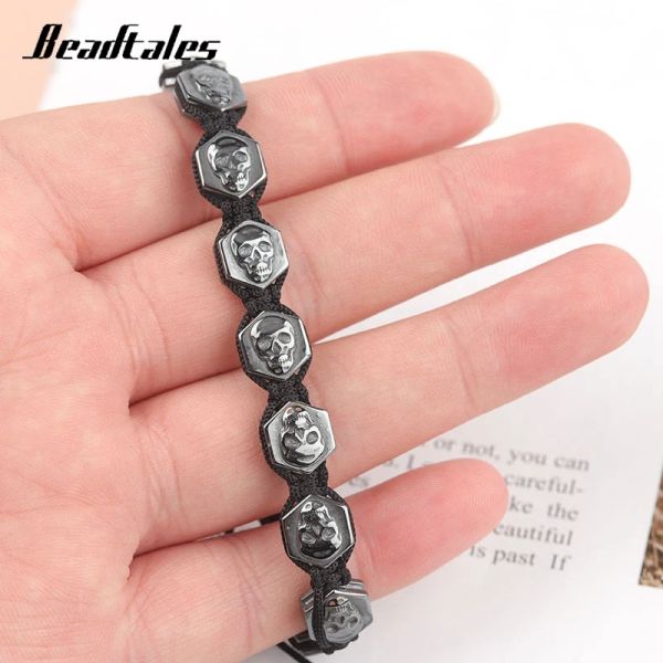 Strands Beadtales 1826 cm Bracciale di ematite cranio esagonale regolabile per uomini Oli essenziali Diffusore perle in pietra naturale