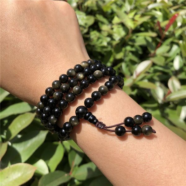 Fios 1 pc fengbaowu pedra natural preto arco -íris obsidiana bracelete mala 108 contas Buda Rosário para mulheres homens