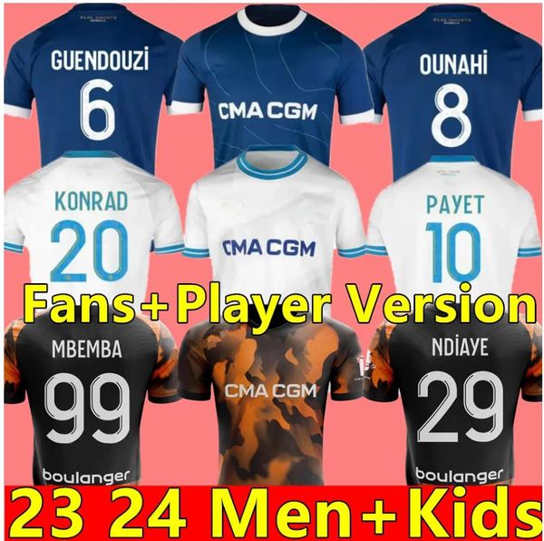 2023 /24 Maillot Marselha Soccer Jerseys Cuisance Foot Guendouzi Alexis Payet Clauss Futebol Camisas Homens Crianças Veretout sob om Olympique Vitinha Fãs