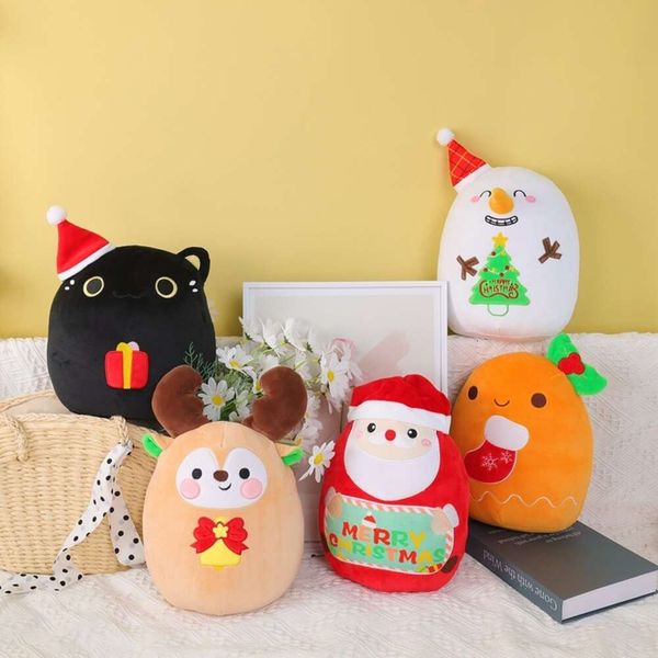 Kawaii Natal Papai Noel Elk Boneco de neve, travesseiro fofinho, gato preto de gingro -pão de gengibre brinquedo