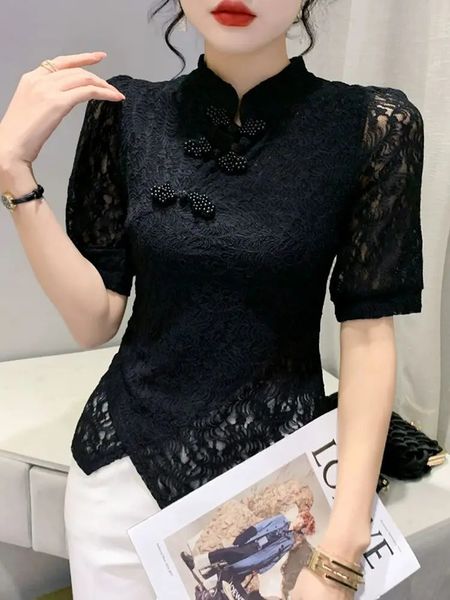 2024 Китайский стиль кружевные шикарные асимметричные женские футболки весна летняя стойка Сплошная женщина S-3XL Balf-рукав Button240416
