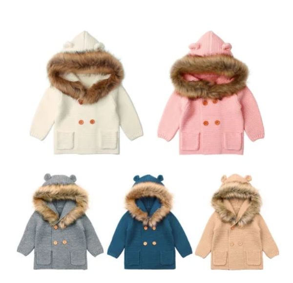 Schichten 2019 Neue Mode Baby Pullover Mantel Netter Pelzkragen Tierfabrik -Stricken Babymantel Herbst Winter Warmes Kleidungsstück für Baby Girl Boy