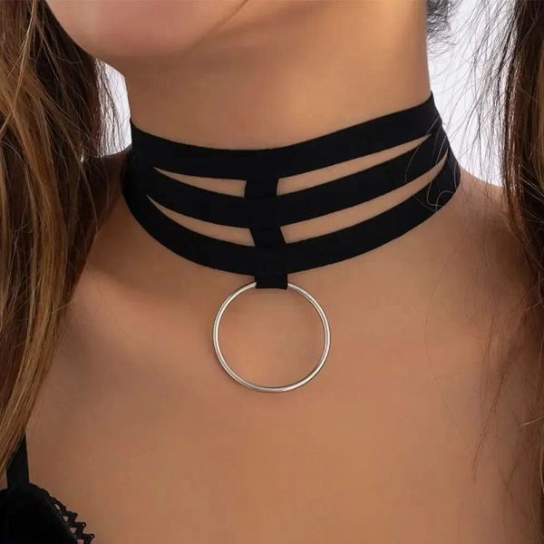 Colares Gothic Black Elastic Band Chain de corrente curta para mulheres colarinho vintage grande círculo pingente charloween acessórios de hallowen jóias