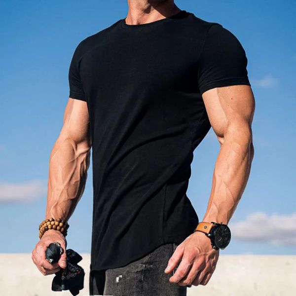Çerçeveler Erkek kasları Longline Tshirts Moda Tee Kısa Kollu Atletik Egzersiz Spor Salonu İnce Fit Tişörtleri Erkekler İçin