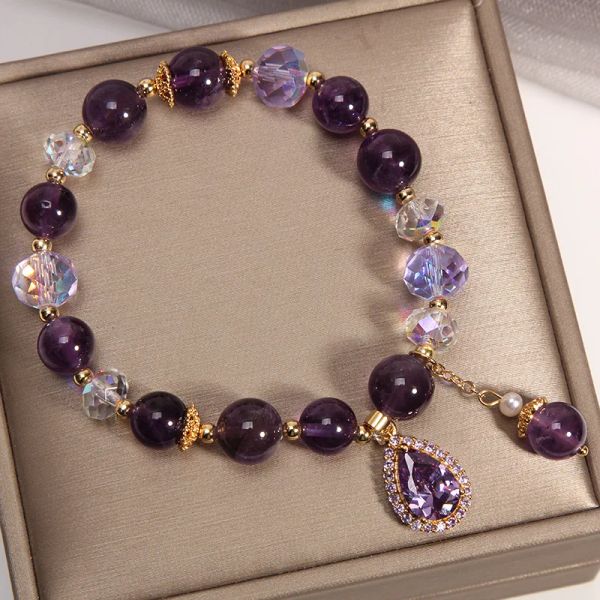 Strands Bracelete natural de contas de cristal roxo para mulheres Pingente que cintilam jóias elegantes Acessórios iridescentes de metal hipoalergênico