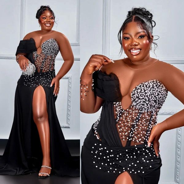 2024 Plus Size Black Prom -Kleider für schwarze Frauen Promdress Illusion Langarm Perlen Side Split Birthday Party Kleid Zweite Empfangskleider Verlobungskleid Am768