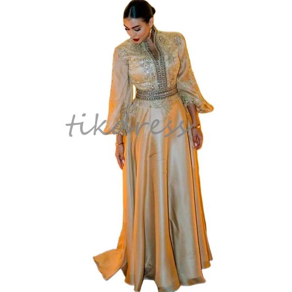 Elegante goldene Kaftan Morrocan Abendkleider Abayas 2024 Langarm hoher Nacken Applikationen Spitze Muslim Kleid Wunderschöne formelle Geburtstagsfeier Kleidung Robe de Mariee