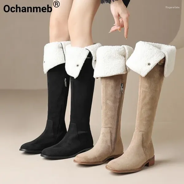 Botas ochanmeb mulheres faux camurça neve botão de neve fivela de fivela quente coxa nude nude dobrável redondo touces zíper lady winter winter