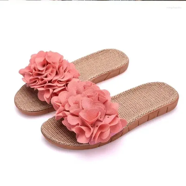 Slippers Summer Women's Linen One Word Canual Soft Bottom Non Slip Flat Sole -Flower Silent Home Home