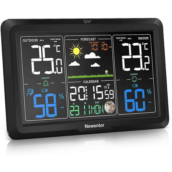 Haushalts -Thermometer Newentor Q7 Wetterstation Takte Wireless Digital LED -Kalender Tischuhr mit Temperatur- und Feuchtigkeitsmonitor Vorhersage T240422