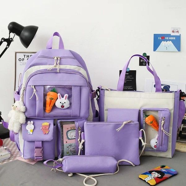 Okul Çantaları 4 PCS Setleri Mor Renkli Çocuklar Sırt Çantası Kawaii Gençler için Kadın Kitap Çantası Mochila