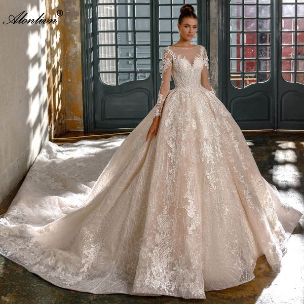 Wunderschöne Stickereispitze schiere O-Hals Full Ärmeln Ballkleid Hochzeitskleid Kleid Perlen Perlen Blumenmuster Prinzessin Brautkleider mit vielschichtiger Spitze