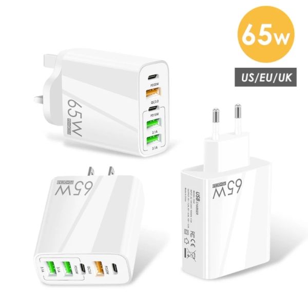 Chargers 65W Adaptador de carregamento rápido tipo C USB PD Quick Charging Block de larga tensão portátil USB C Carregador de parede para laptops para tablets