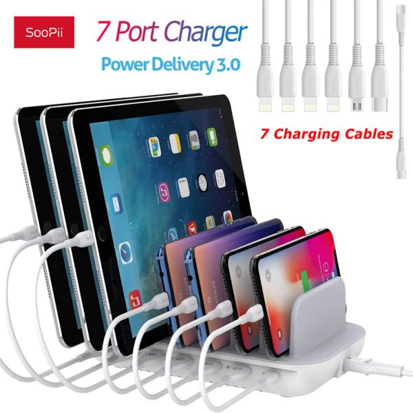 Chargers Soopii USBC Charger Station, 70W 7port Laptop Ladestation 30W PD Port 7PCS gemischte Ladungskabel enthalten